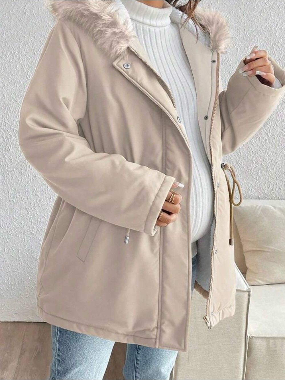 Beige Faux-Fur Hooded Parka Jacket - Women